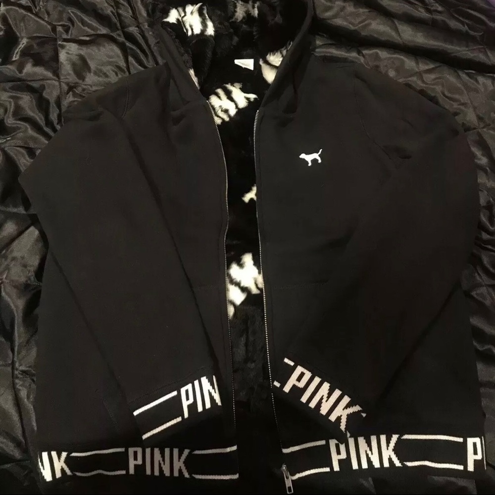 Victoria Secret Pink Black Faux Fur Logo Jacket
